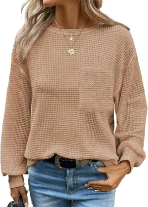 Dokotoo Womens Tops 2025 Oversized Long Sleeve Crewneck Waffle Knit Shirts Business Casual Blouses Basic Shirts