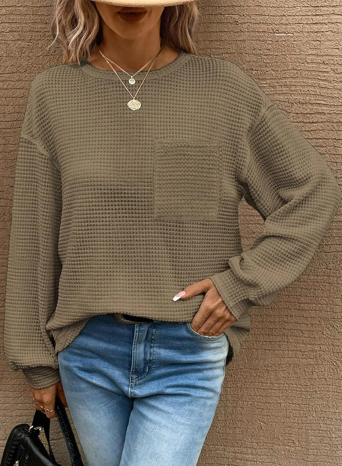 Dokotoo Womens Tops 2025 Oversized Long Sleeve Crewneck Waffle Knit Shirts Business Casual Blouses Basic Shirts