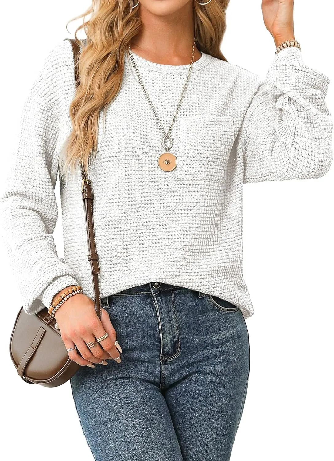 Dokotoo Womens Tops 2025 Oversized Long Sleeve Crewneck Waffle Knit Shirts Business Casual Blouses Basic Shirts