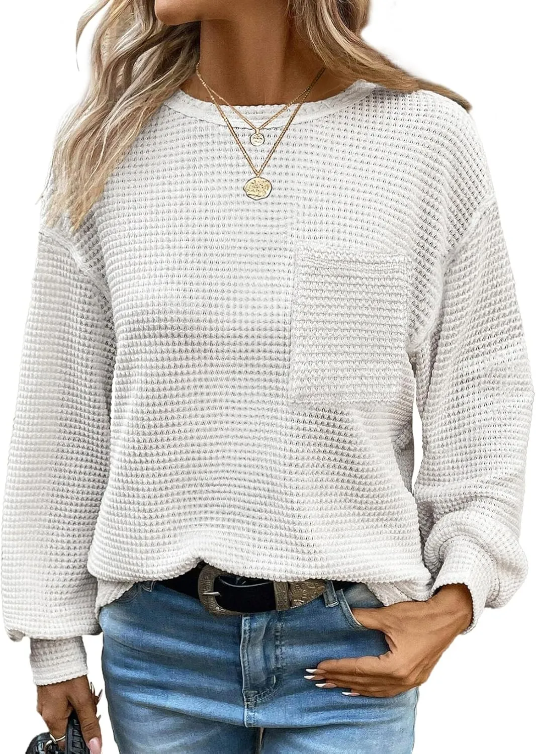 Dokotoo Womens Tops 2025 Oversized Long Sleeve Crewneck Waffle Knit Shirts Business Casual Blouses Basic Shirts