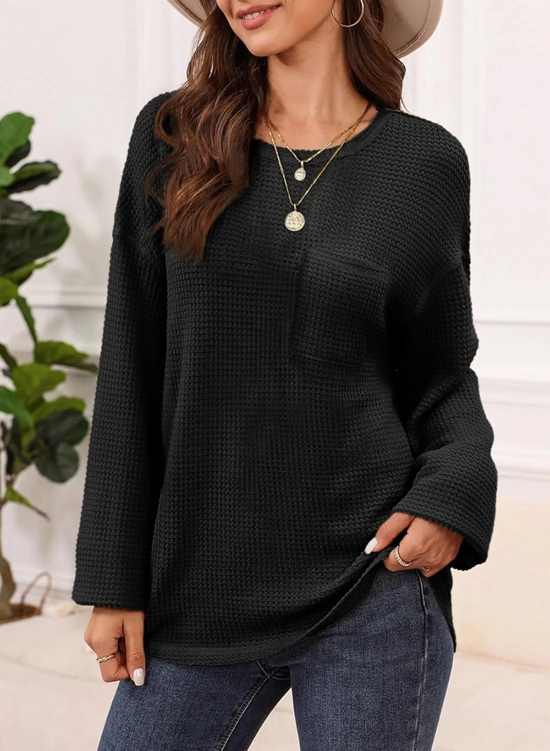 Dokotoo Womens Tops 2025 Oversized Long Sleeve Crewneck Waffle Knit Shirts Business Casual Blouses Basic Shirts