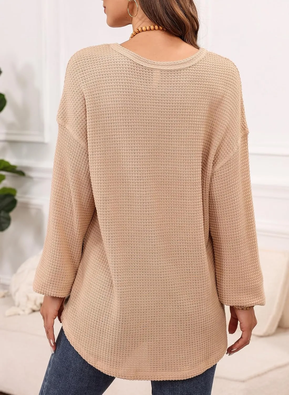 Dokotoo Womens Tops 2025 Oversized Long Sleeve Crewneck Waffle Knit Shirts Business Casual Blouses Basic Shirts