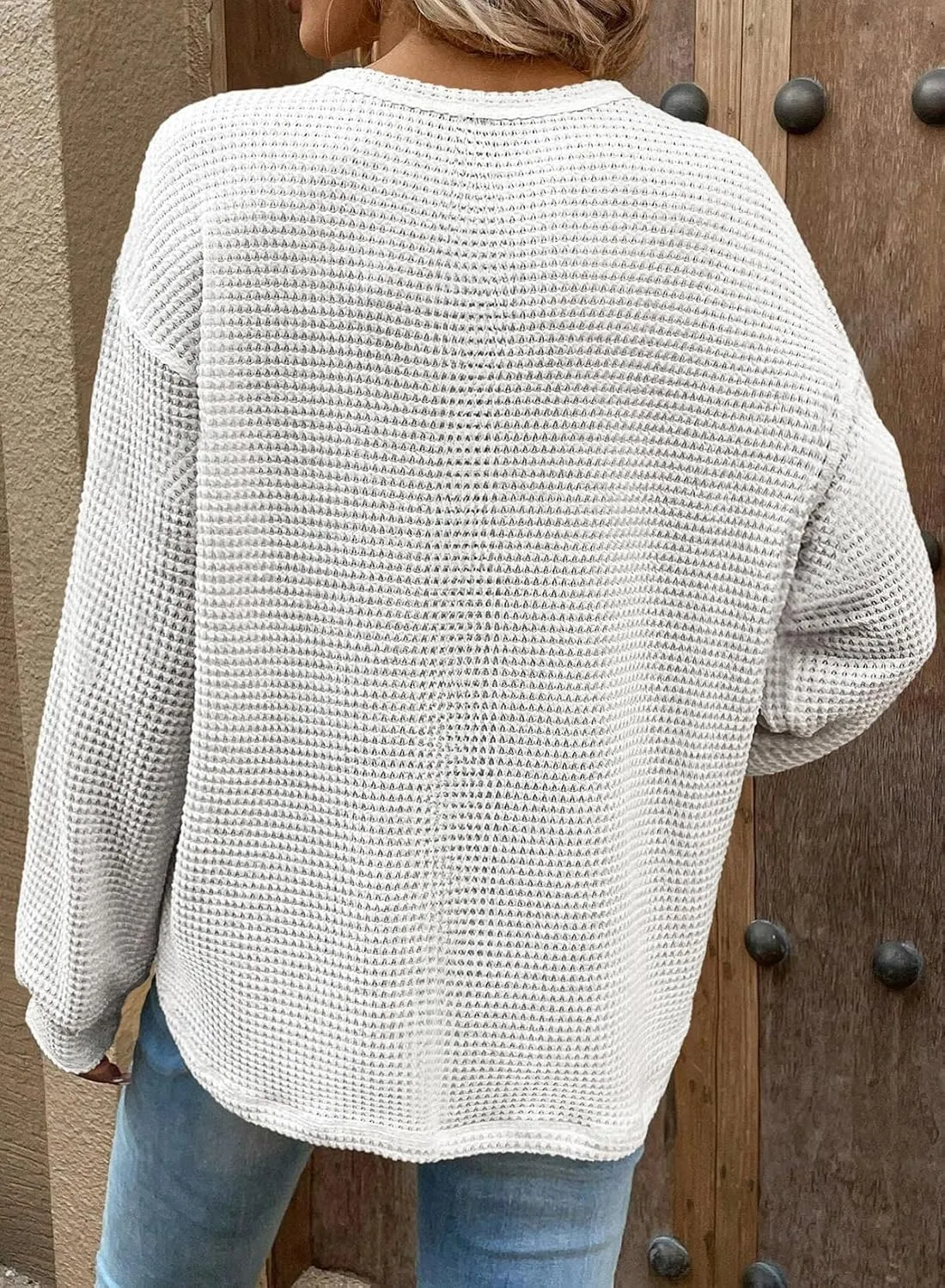 Dokotoo Womens Tops 2025 Oversized Long Sleeve Crewneck Waffle Knit Shirts Business Casual Blouses Basic Shirts