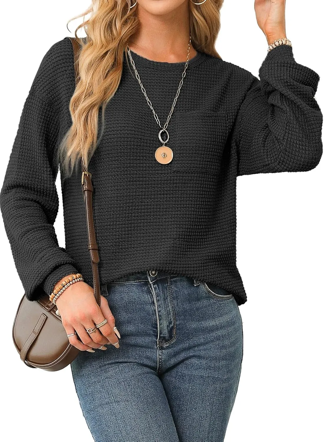 Dokotoo Womens Tops 2025 Oversized Long Sleeve Crewneck Waffle Knit Shirts Business Casual Blouses Basic Shirts