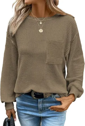 Dokotoo Womens Tops 2025 Oversized Long Sleeve Crewneck Waffle Knit Shirts Business Casual Blouses Basic Shirts