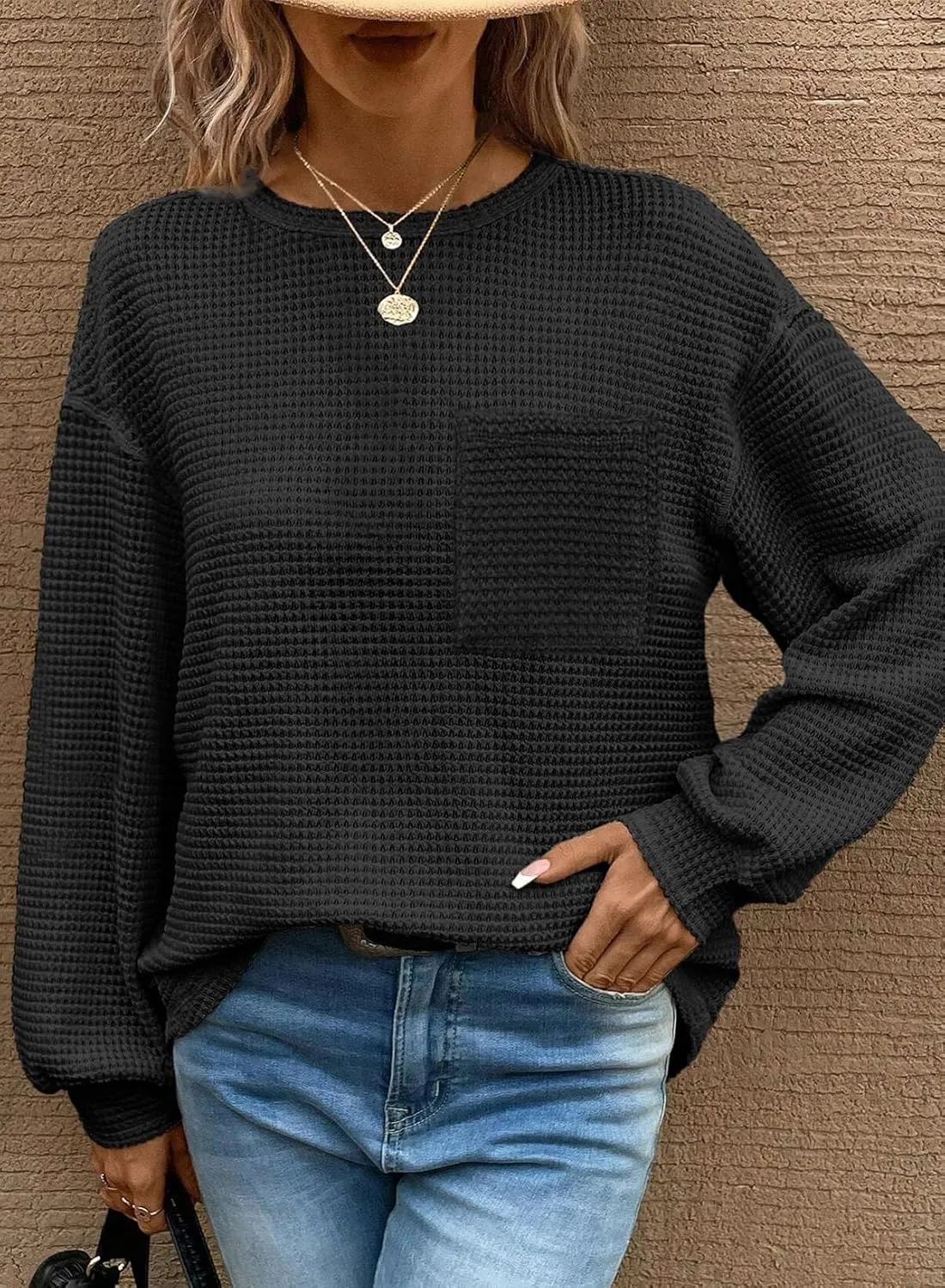 Dokotoo Womens Tops 2025 Oversized Long Sleeve Crewneck Waffle Knit Shirts Business Casual Blouses Basic Shirts