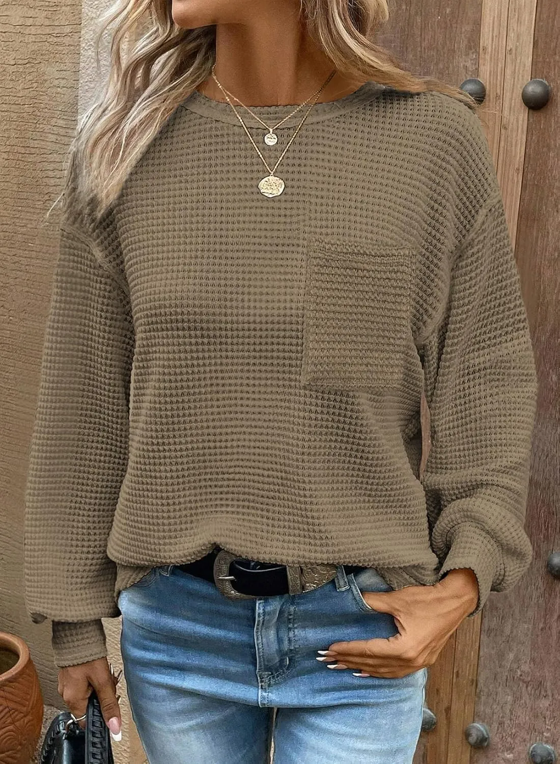 Dokotoo Womens Tops 2025 Oversized Long Sleeve Crewneck Waffle Knit Shirts Business Casual Blouses Basic Shirts