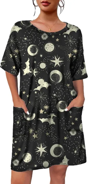 Ekouaer Sleep Shirts for Women Nightgown Short Sleeves T shirt Night Dress Round Neck Womans Nightgown with Pocket S-XXL