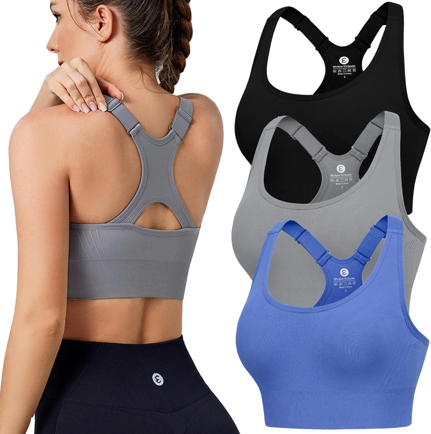 Evercute Adjustable Sports Bras for Women 3/4 Pack Racerback High Support Bras Padded Workout Bras Seamless Yoga Athletic Bra