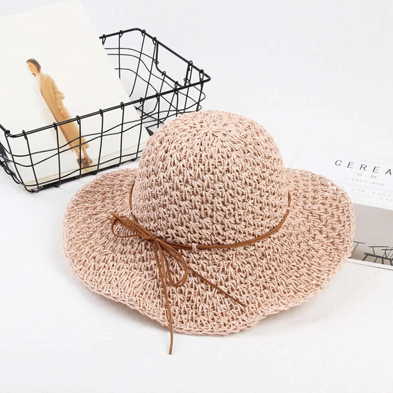 Fashion Beach Cap Women Teen Girls Bowknot Bowler Hat Roll-Up Wide Brim Dome Straw Summer Sun Hat Travel Accessories