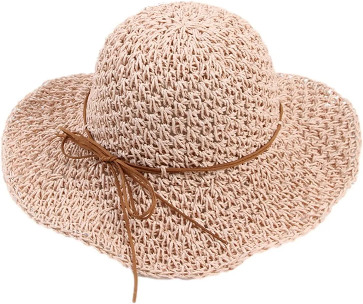 Fashion Beach Cap Women Teen Girls Bowknot Bowler Hat Roll-Up Wide Brim Dome Straw Summer Sun Hat Travel Accessories
