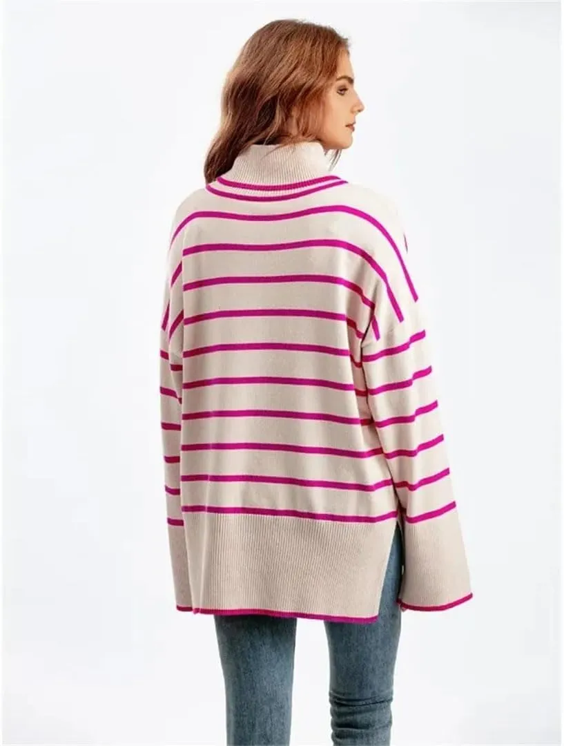 Fashion Turtleneck White Black Striped Sweaters Women Long Sleeve Oversized Pullover