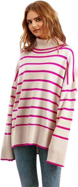 Fashion Turtleneck White Black Striped Sweaters Women Long Sleeve Oversized Pullover