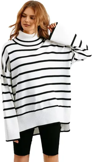 Fashion Turtleneck White Black Striped Sweaters Women Long Sleeve Oversized Pullover