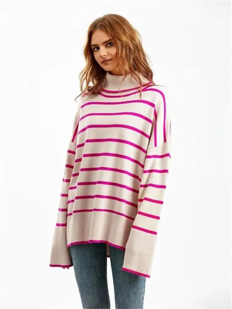 Fashion Turtleneck White Black Striped Sweaters Women Long Sleeve Oversized Pullover