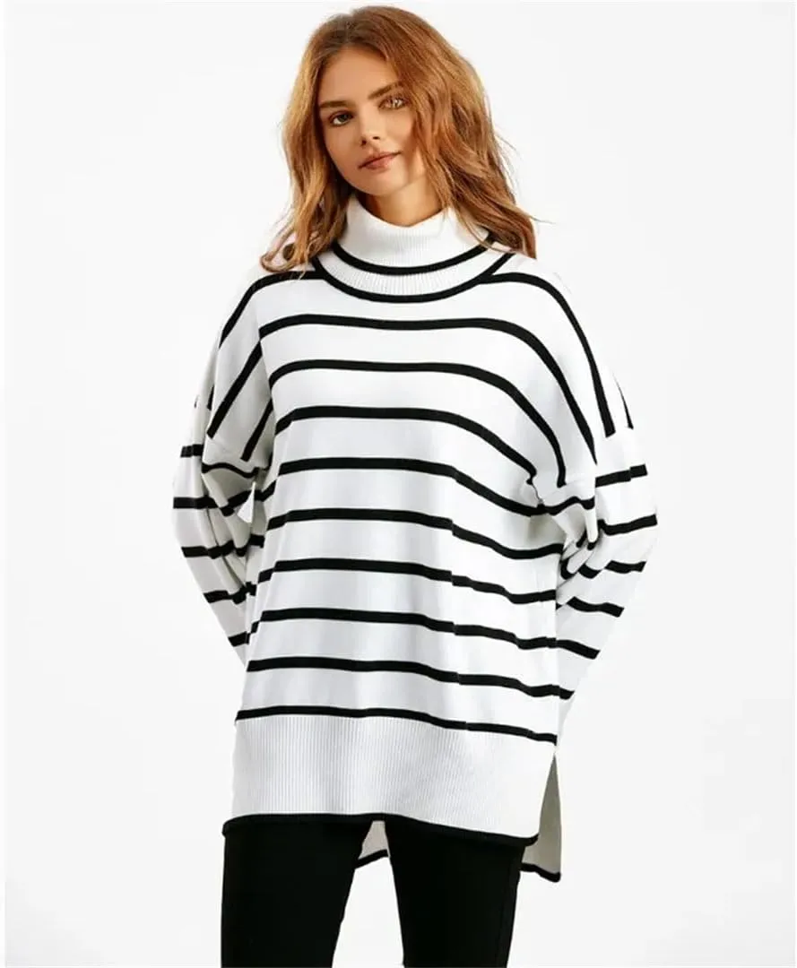 Fashion Turtleneck White Black Striped Sweaters Women Long Sleeve Oversized Pullover
