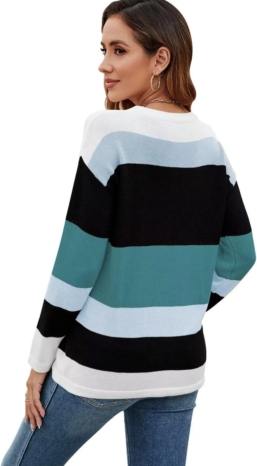 FEKOAFE Women's 2025 Cute Striped Sweaters Crew Neck Long Sleeve Pullover Sweaters for Women