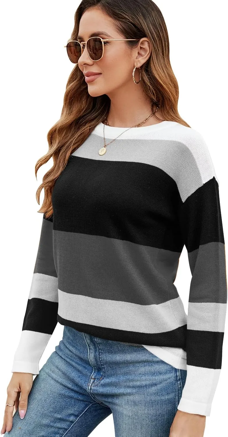 FEKOAFE Women's 2025 Cute Striped Sweaters Crew Neck Long Sleeve Pullover Sweaters for Women