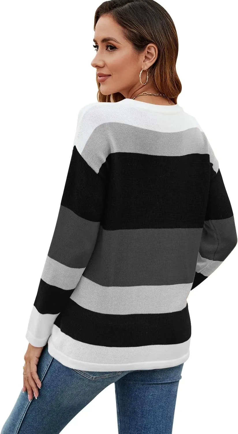 FEKOAFE Women's 2025 Cute Striped Sweaters Crew Neck Long Sleeve Pullover Sweaters for Women