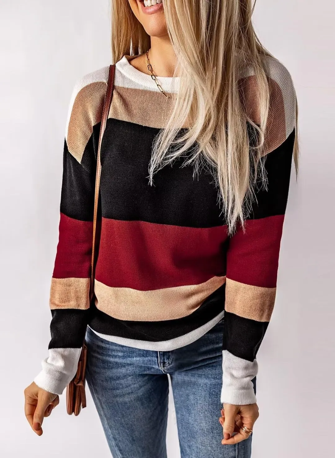FEKOAFE Women's 2025 Cute Striped Sweaters Crew Neck Long Sleeve Pullover Sweaters for Women
