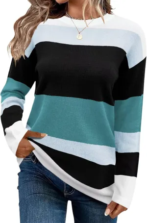 FEKOAFE Women's 2025 Cute Striped Sweaters Crew Neck Long Sleeve Pullover Sweaters for Women