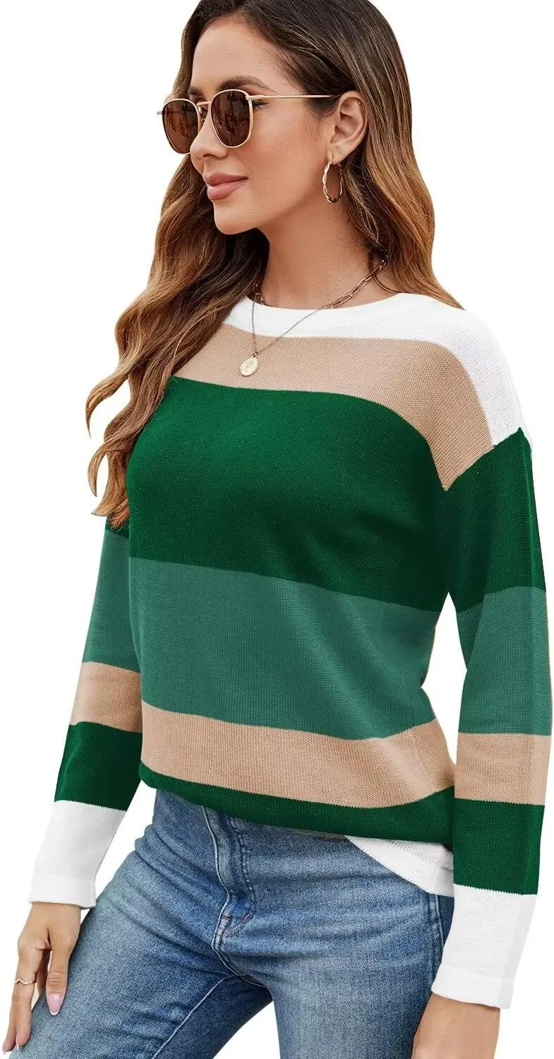 FEKOAFE Women's 2025 Cute Striped Sweaters Crew Neck Long Sleeve Pullover Sweaters for Women