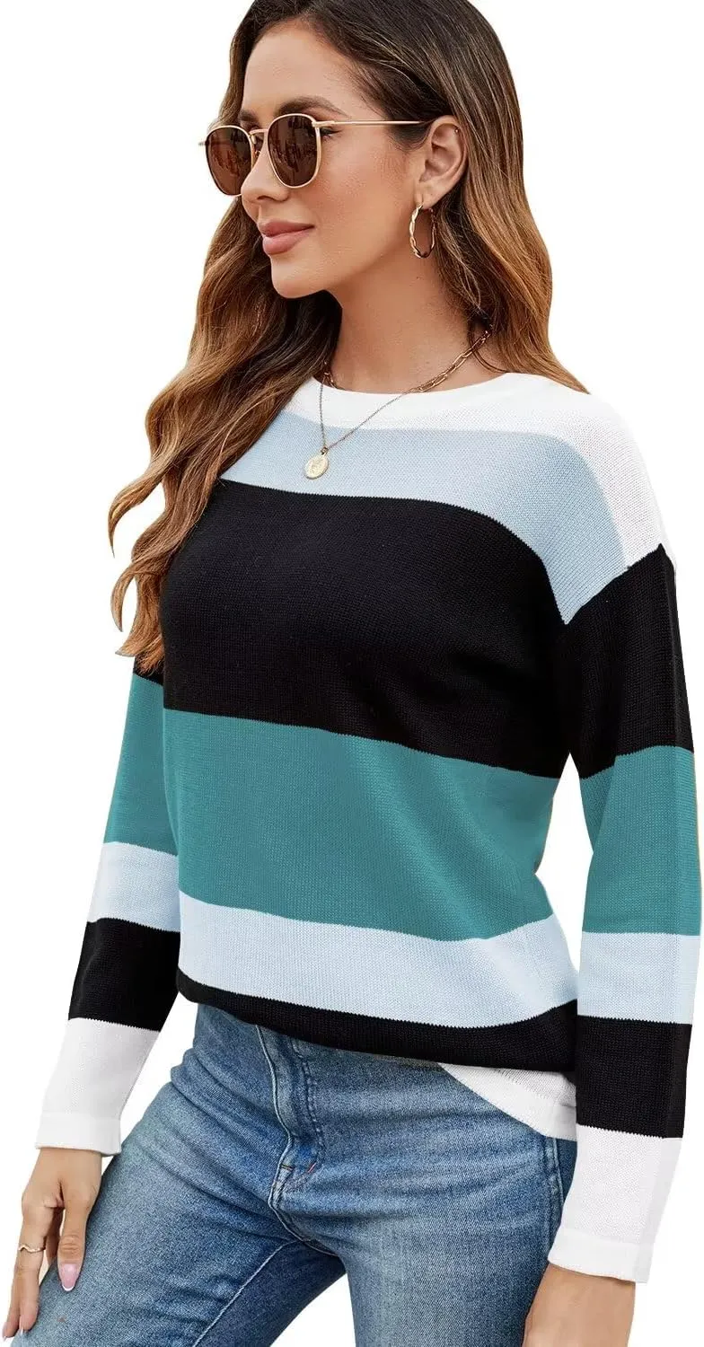FEKOAFE Women's 2025 Cute Striped Sweaters Crew Neck Long Sleeve Pullover Sweaters for Women