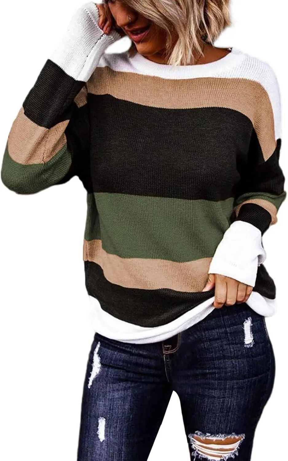 FEKOAFE Women's 2025 Cute Striped Sweaters Crew Neck Long Sleeve Pullover Sweaters for Women