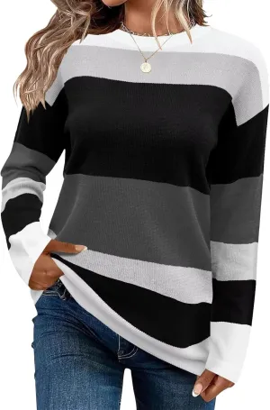 FEKOAFE Women's 2025 Cute Striped Sweaters Crew Neck Long Sleeve Pullover Sweaters for Women