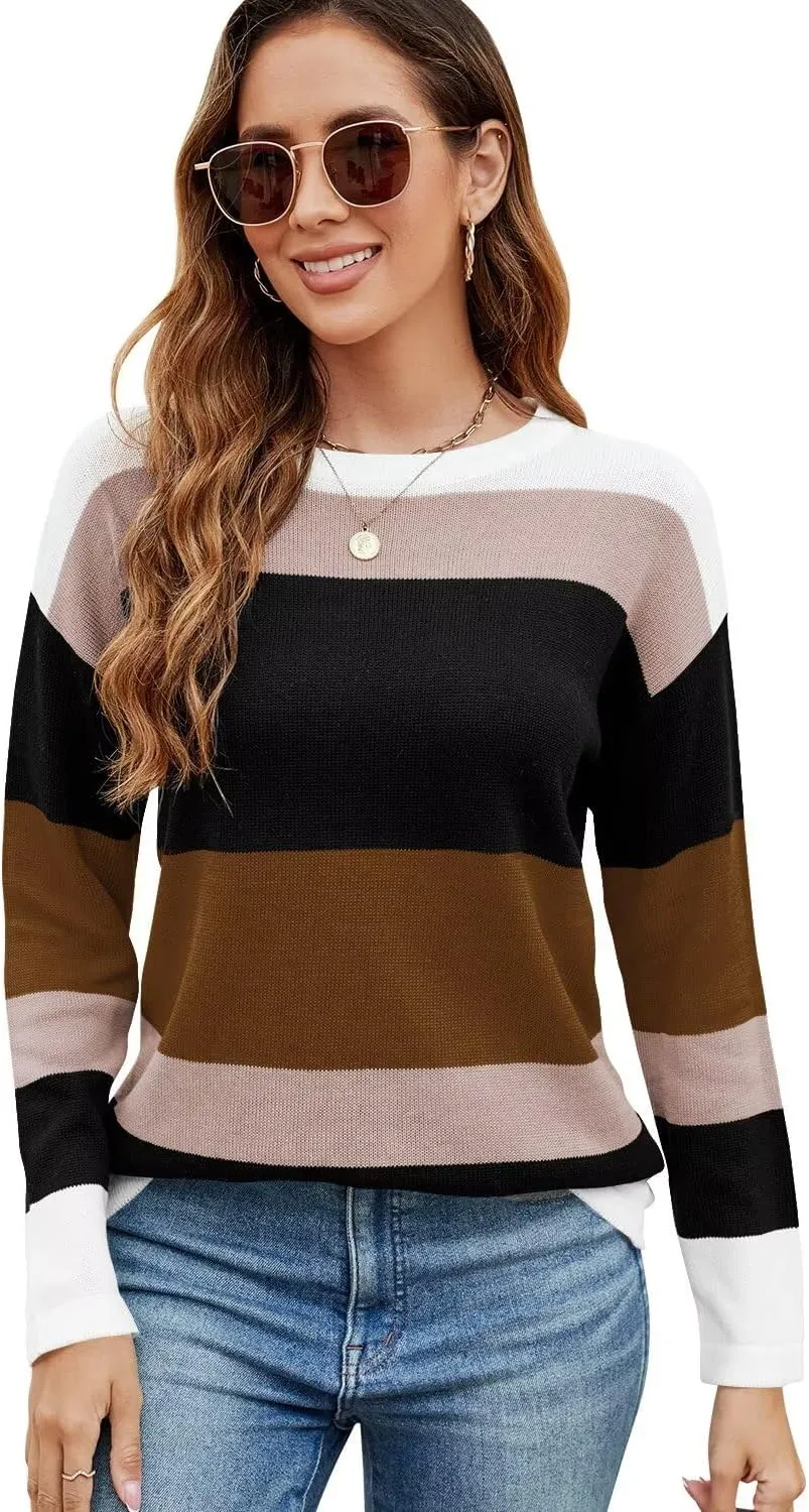 FEKOAFE Women's 2025 Cute Striped Sweaters Crew Neck Long Sleeve Pullover Sweaters for Women