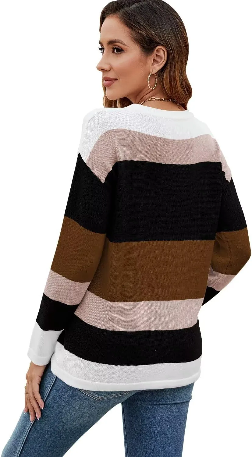 FEKOAFE Women's 2025 Cute Striped Sweaters Crew Neck Long Sleeve Pullover Sweaters for Women