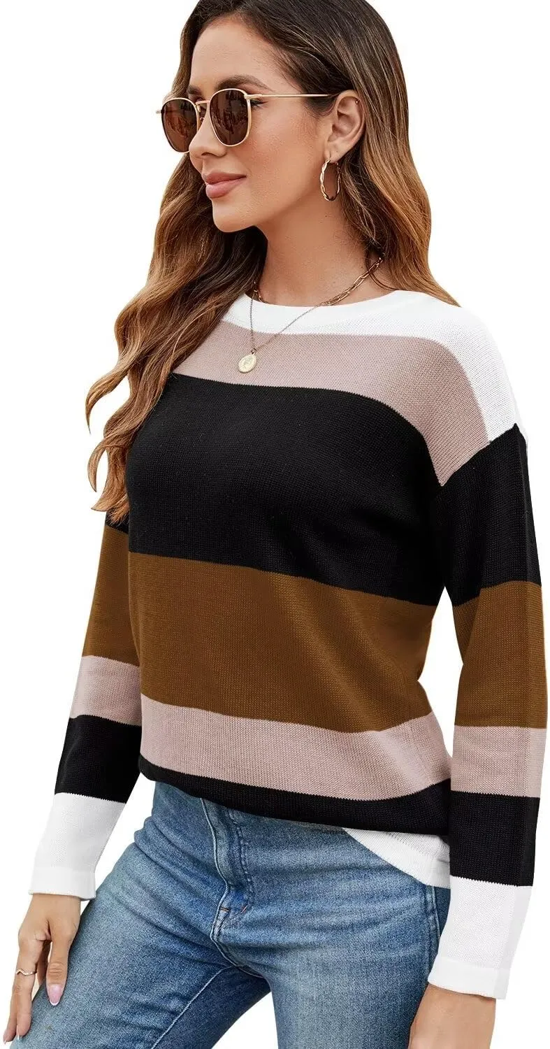FEKOAFE Women's 2025 Cute Striped Sweaters Crew Neck Long Sleeve Pullover Sweaters for Women