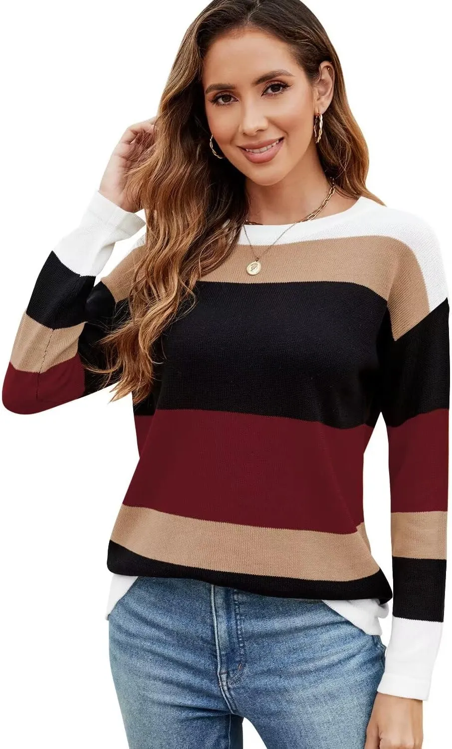 FEKOAFE Women's 2025 Cute Striped Sweaters Crew Neck Long Sleeve Pullover Sweaters for Women