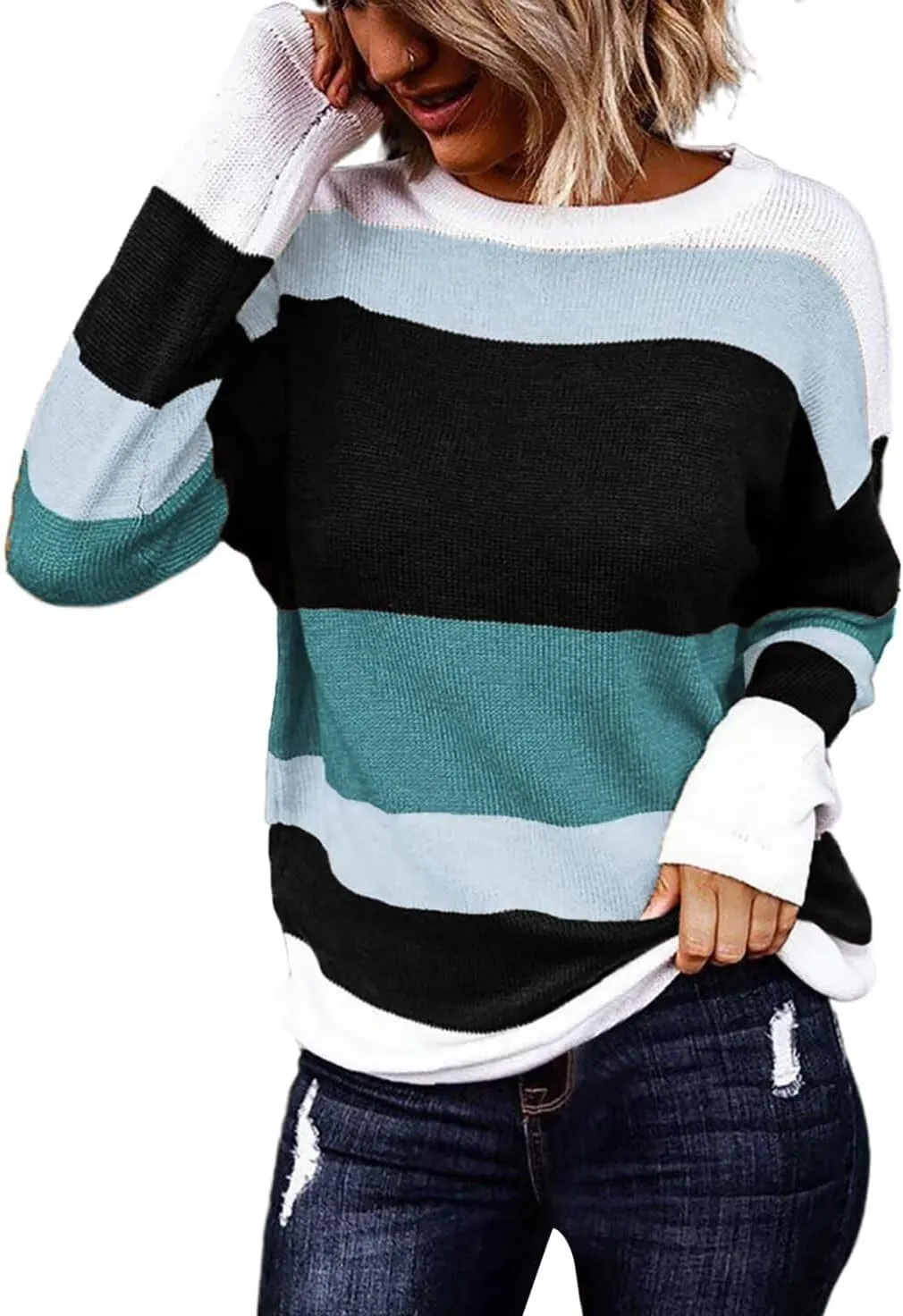 FEKOAFE Women's 2025 Cute Striped Sweaters Crew Neck Long Sleeve Pullover Sweaters for Women