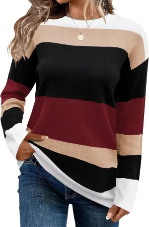FEKOAFE Women's 2025 Cute Striped Sweaters Crew Neck Long Sleeve Pullover Sweaters for Women
