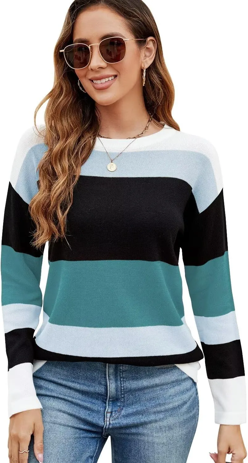 FEKOAFE Women's 2025 Cute Striped Sweaters Crew Neck Long Sleeve Pullover Sweaters for Women