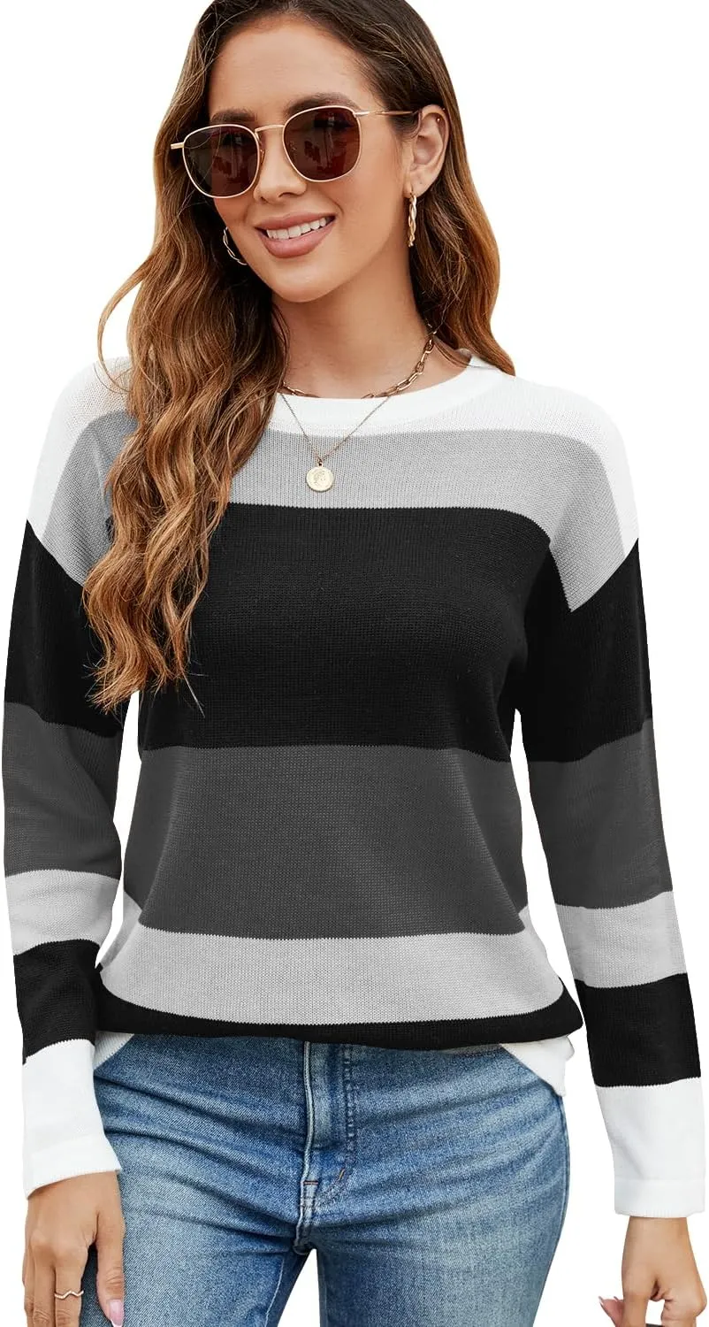 FEKOAFE Women's 2025 Cute Striped Sweaters Crew Neck Long Sleeve Pullover Sweaters for Women
