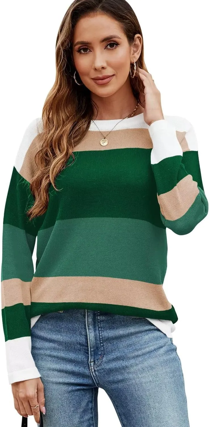 FEKOAFE Women's 2025 Cute Striped Sweaters Crew Neck Long Sleeve Pullover Sweaters for Women