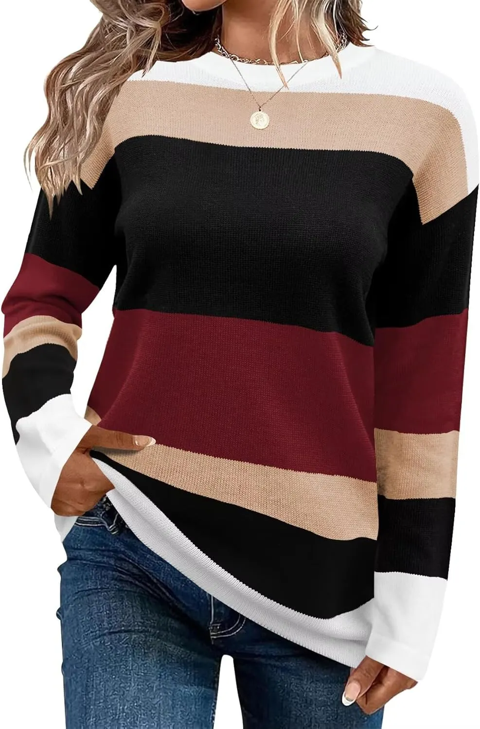 FEKOAFE Women's 2025 Cute Striped Sweaters Crew Neck Long Sleeve Pullover Sweaters for Women
