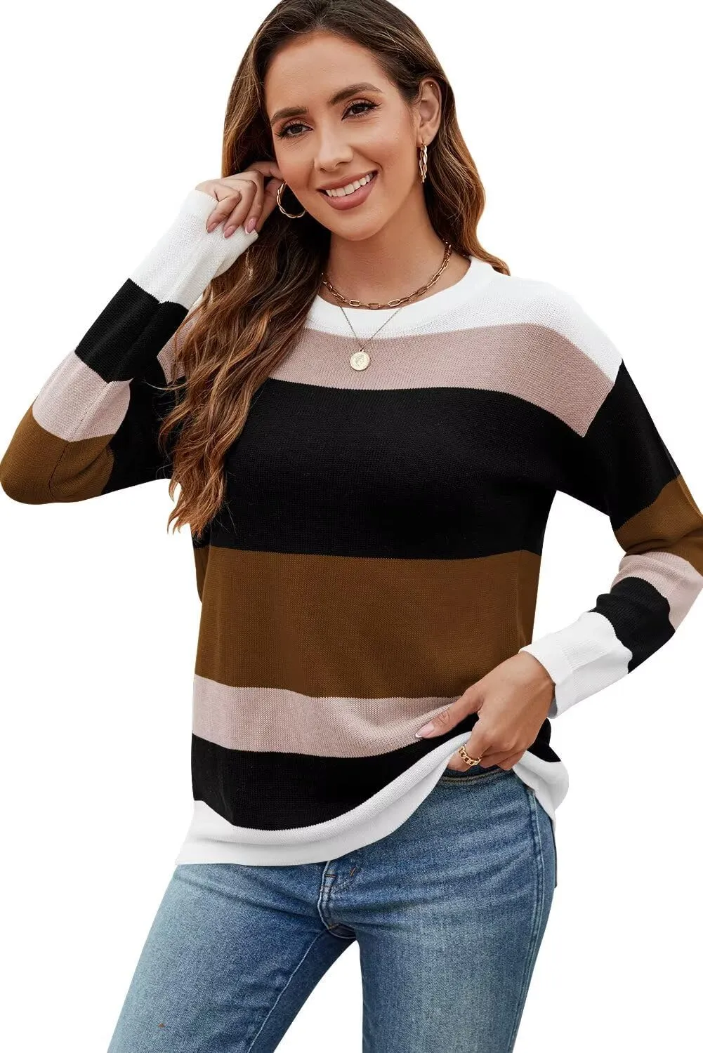 FEKOAFE Women's 2025 Cute Striped Sweaters Crew Neck Long Sleeve Pullover Sweaters for Women