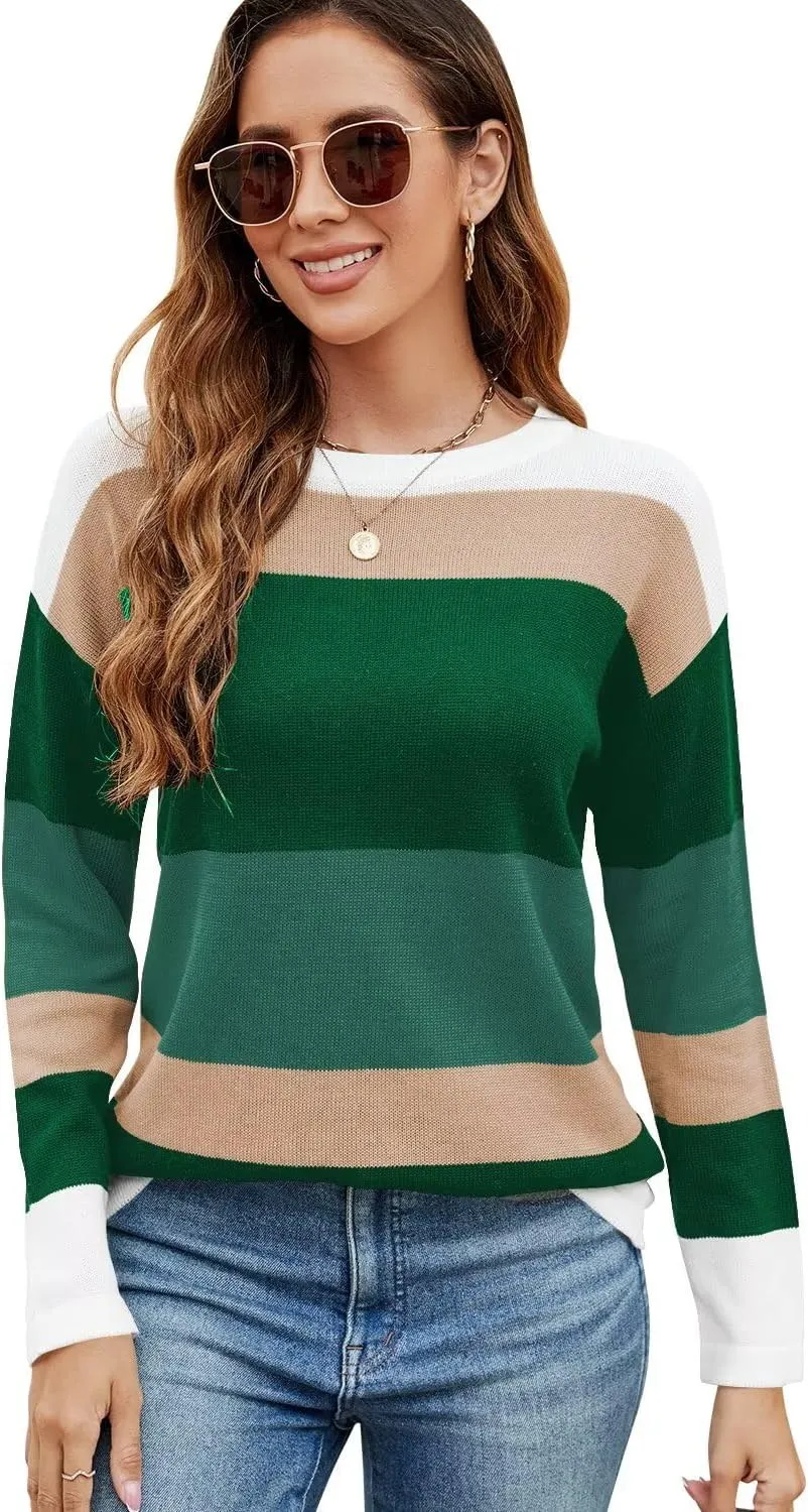 FEKOAFE Women's 2025 Cute Striped Sweaters Crew Neck Long Sleeve Pullover Sweaters for Women