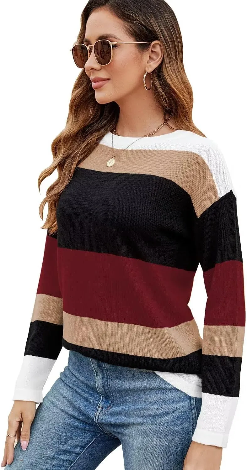 FEKOAFE Women's 2025 Cute Striped Sweaters Crew Neck Long Sleeve Pullover Sweaters for Women