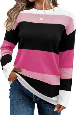 FEKOAFE Women's 2025 Cute Striped Sweaters Crew Neck Long Sleeve Pullover Sweaters for Women