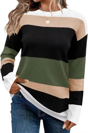 FEKOAFE Women's 2025 Cute Striped Sweaters Crew Neck Long Sleeve Pullover Sweaters for Women