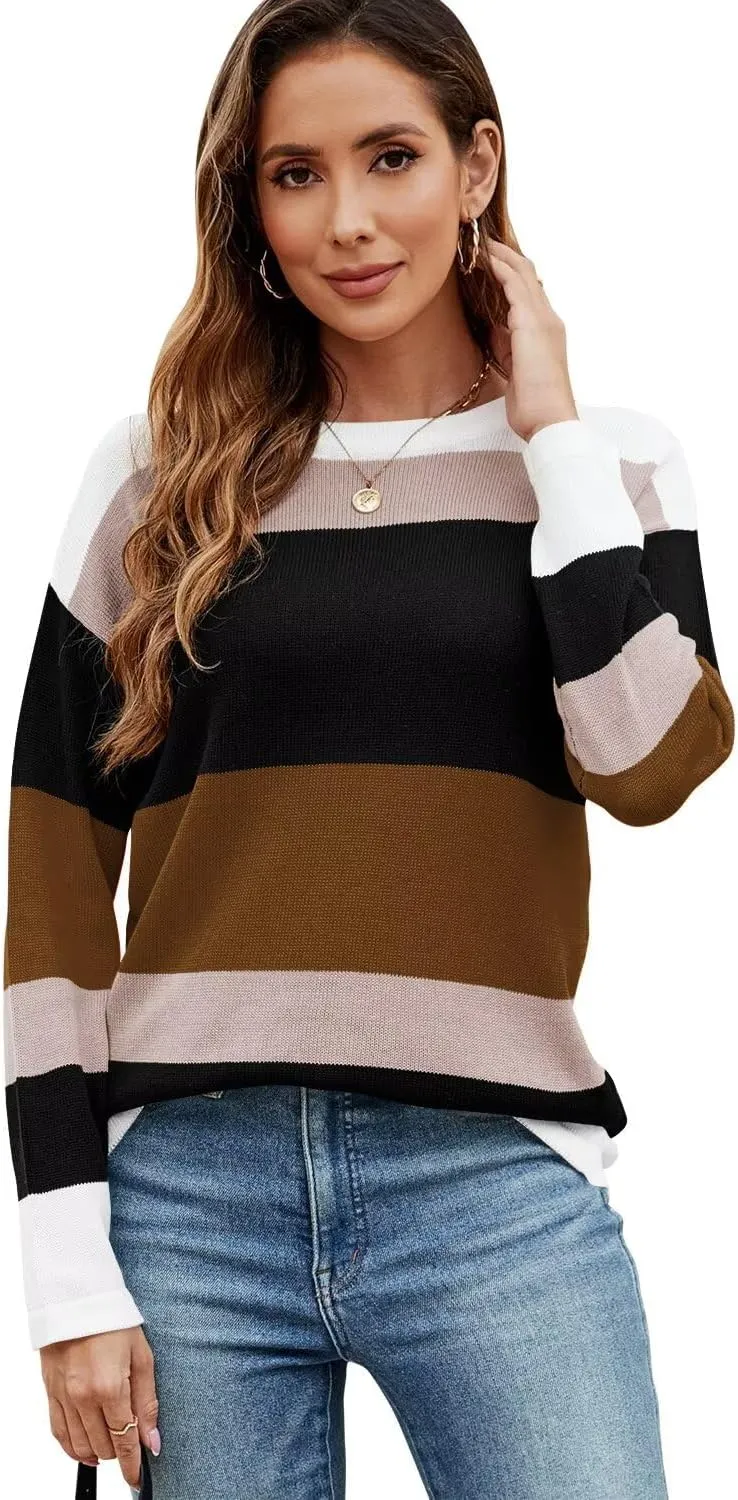 FEKOAFE Women's 2025 Cute Striped Sweaters Crew Neck Long Sleeve Pullover Sweaters for Women