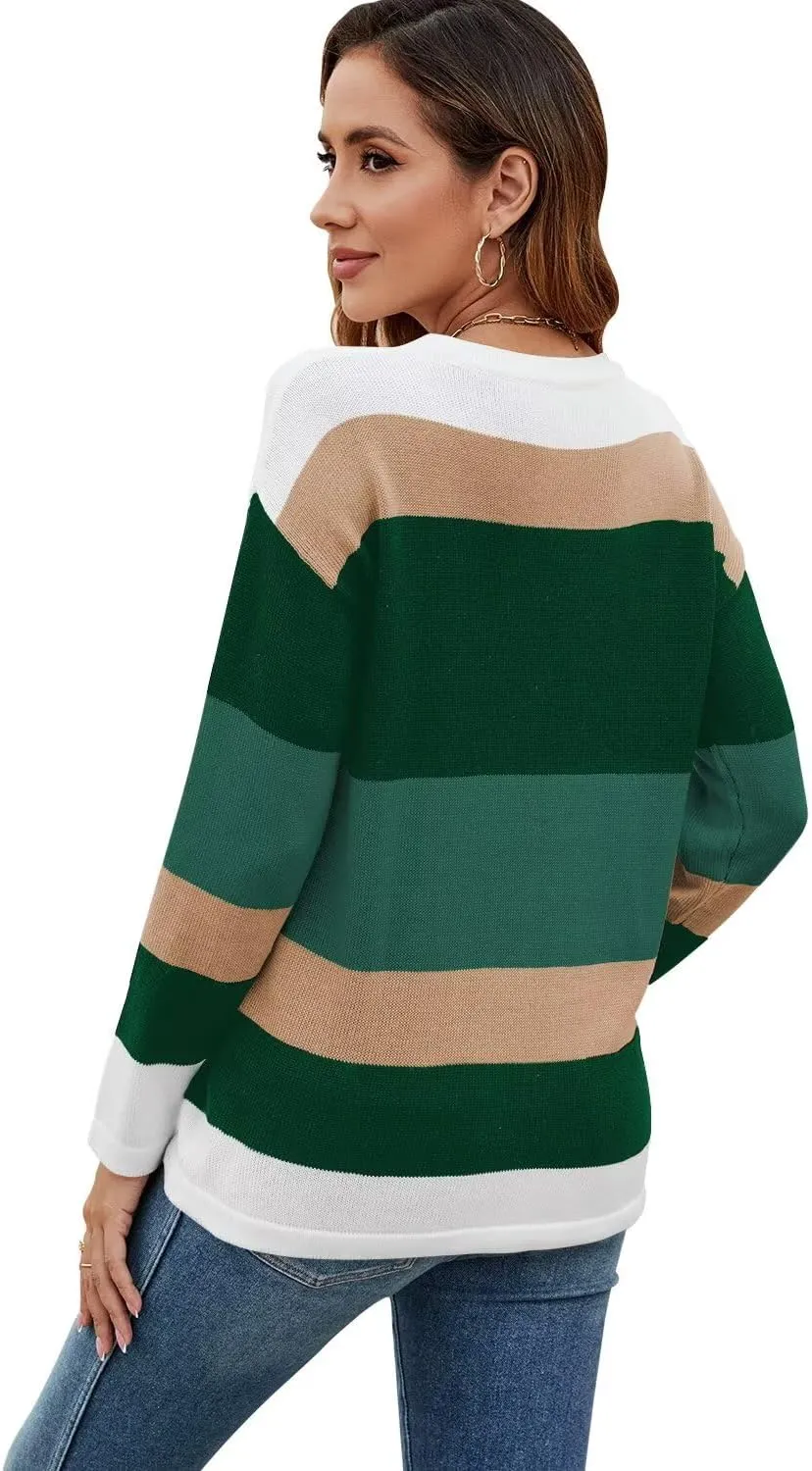 FEKOAFE Women's 2025 Cute Striped Sweaters Crew Neck Long Sleeve Pullover Sweaters for Women