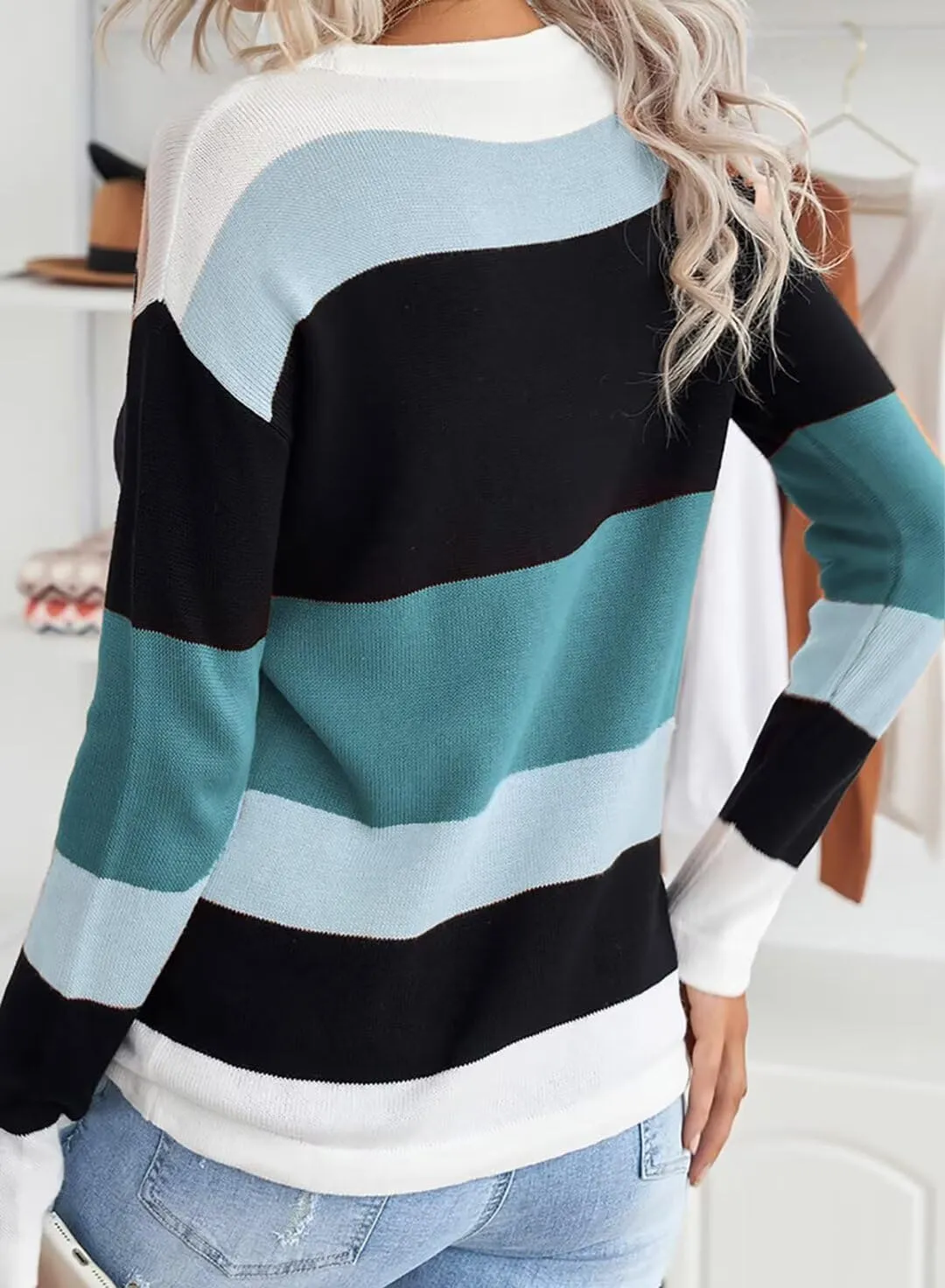 FEKOAFE Women's 2025 Cute Striped Sweaters Crew Neck Long Sleeve Pullover Sweaters for Women