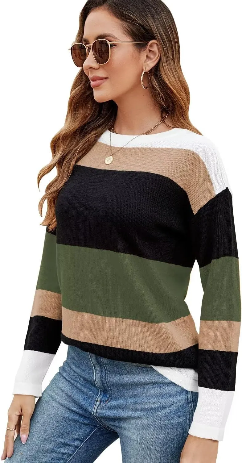 FEKOAFE Women's 2025 Cute Striped Sweaters Crew Neck Long Sleeve Pullover Sweaters for Women