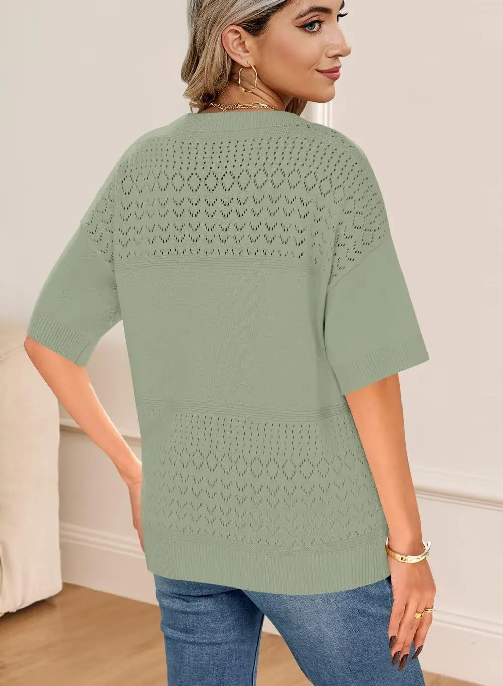 FEKOAFE Womens Short Sleeve Sweaters 2025 Spring Summer V Neck Hollow Knit Pullover Sweaters for Women