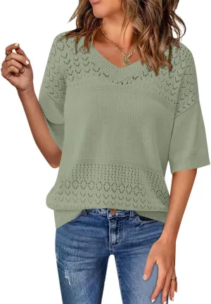 FEKOAFE Womens Short Sleeve Sweaters 2025 Spring Summer V Neck Hollow Knit Pullover Sweaters for Women